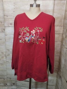 Bobbie Brooks Red V-Neck Sweater with Embroidered Country Motif